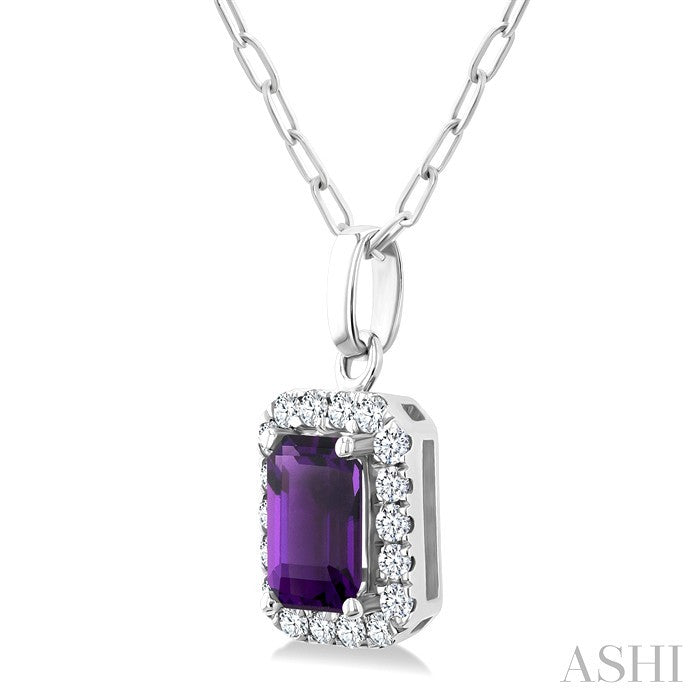 6x4 MM Octagonal Shape Amethyst and 1/6 Ctw Round Cut Diamond Halo Semi-Precious Pendant with Chain in 14K White Gold