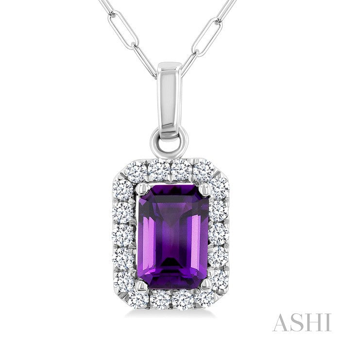 6x4 MM Octagonal Shape Amethyst and 1/6 Ctw Round Cut Diamond Halo Semi-Precious Pendant with Chain in 14K White Gold
