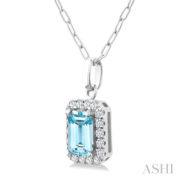 6x4 MM Octagonal Shape Aquamarine and 1/6 Ctw Round Cut Diamond Halo Semi-Precious Pendant with Chain in 14K White Gold