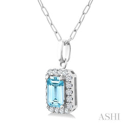6x4 MM Octagonal Shape Aquamarine and 1/6 Ctw Round Cut Diamond Halo Semi-Precious Pendant with Chain in 14K White Gold