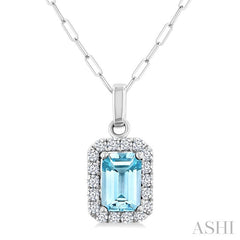6x4 MM Octagonal Shape Aquamarine and 1/6 Ctw Round Cut Diamond Halo Semi-Precious Pendant with Chain in 14K White Gold