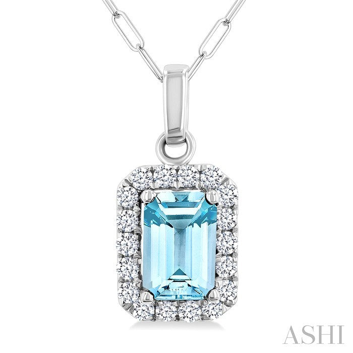 6x4 MM Octagonal Shape Aquamarine and 1/6 Ctw Round Cut Diamond Halo Semi-Precious Pendant with Chain in 14K White Gold