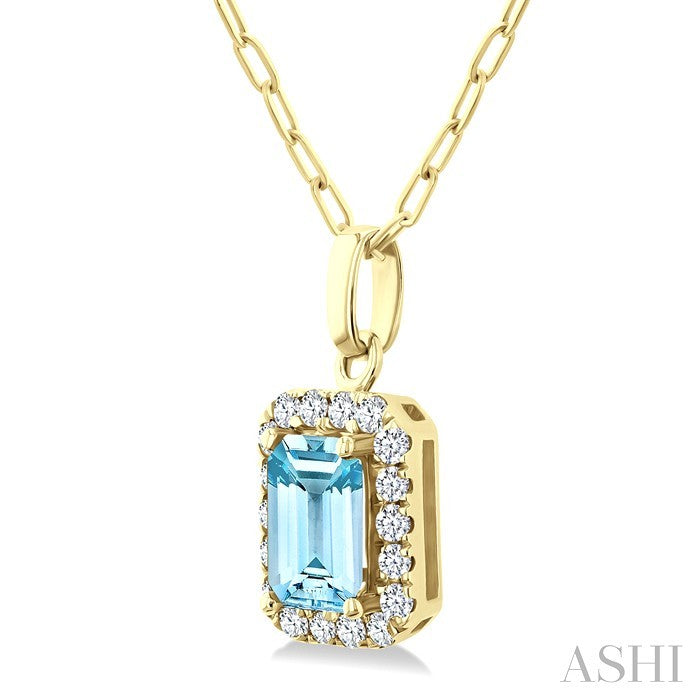6x4 MM Octagonal Shape Aquamarine and 1/6 Ctw Round Cut Diamond Halo Semi-Precious Pendant with Chain in 14K Yellow Gold