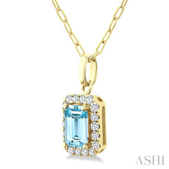 6x4 MM Octagonal Shape Aquamarine and 1/6 Ctw Round Cut Diamond Halo Semi-Precious Pendant with Chain in 14K Yellow Gold