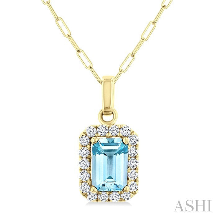 6x4 MM Octagonal Shape Aquamarine and 1/6 Ctw Round Cut Diamond Halo Semi-Precious Pendant with Chain in 14K Yellow Gold