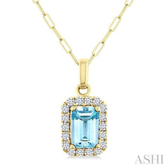 6x4 MM Octagonal Shape Aquamarine and 1/6 Ctw Round Cut Diamond Halo Semi-Precious Pendant with Chain in 14K Yellow Gold