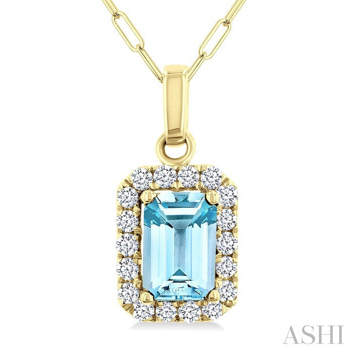 6x4 MM Octagonal Shape Aquamarine and 1/6 Ctw Round Cut Diamond Halo Semi-Precious Pendant with Chain in 14K Yellow Gold