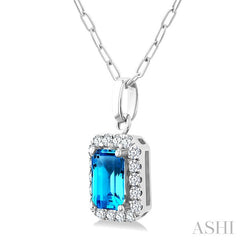 6x4 MM Octagonal Shape Blue Topaz and 1/6 Ctw Round Cut Diamond Halo Semi-Precious Pendant with Chain in 14K White Gold