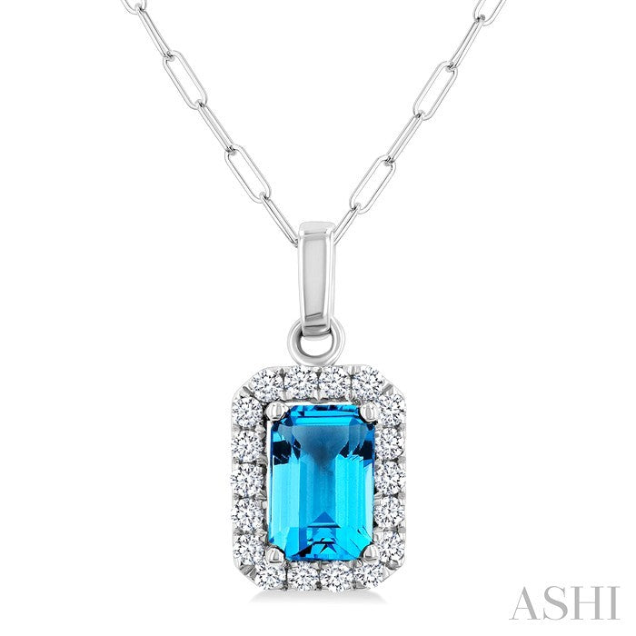 6x4 MM Octagonal Shape Blue Topaz and 1/6 Ctw Round Cut Diamond Halo Semi-Precious Pendant with Chain in 14K White Gold