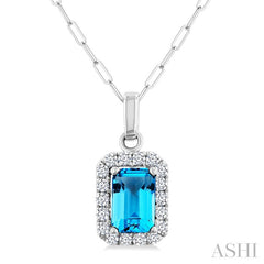 6x4 MM Octagonal Shape Blue Topaz and 1/6 Ctw Round Cut Diamond Halo Semi-Precious Pendant with Chain in 14K White Gold