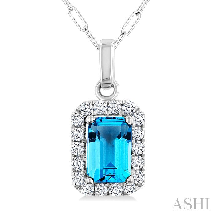 6x4 MM Octagonal Shape Blue Topaz and 1/6 Ctw Round Cut Diamond Halo Semi-Precious Pendant with Chain in 14K White Gold