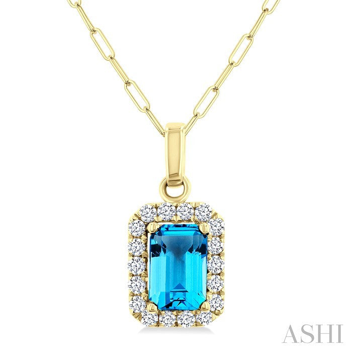 6x4 MM Octagonal Shape Blue Topaz and 1/6 Ctw Round Cut Diamond Halo Semi-Precious Pendant with Chain in 14K Yellow Gold