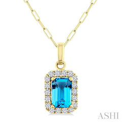 6x4 MM Octagonal Shape Blue Topaz and 1/6 Ctw Round Cut Diamond Halo Semi-Precious Pendant with Chain in 14K Yellow Gold