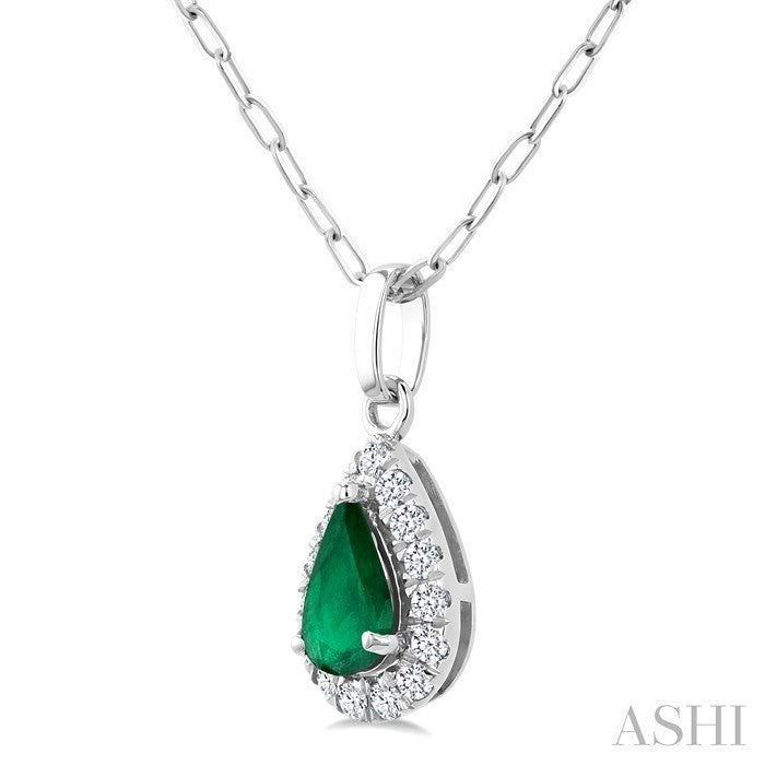 6x4 MM Pear Shape Emerald and 1/6 Ctw Round Cut Diamond Halo Precious Pendant with Chain in 14K White Gold