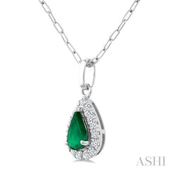 6x4 MM Pear Shape Emerald and 1/6 Ctw Round Cut Diamond Halo Precious Pendant with Chain in 14K White Gold