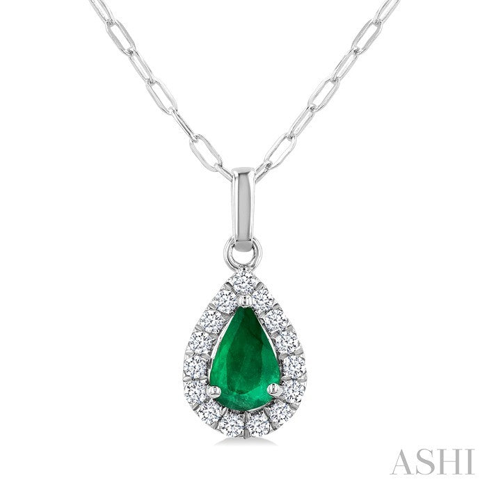 6x4 MM Pear Shape Emerald and 1/6 Ctw Round Cut Diamond Halo Precious Pendant with Chain in 14K White Gold