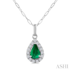 6x4 MM Pear Shape Emerald and 1/6 Ctw Round Cut Diamond Halo Precious Pendant with Chain in 14K White Gold