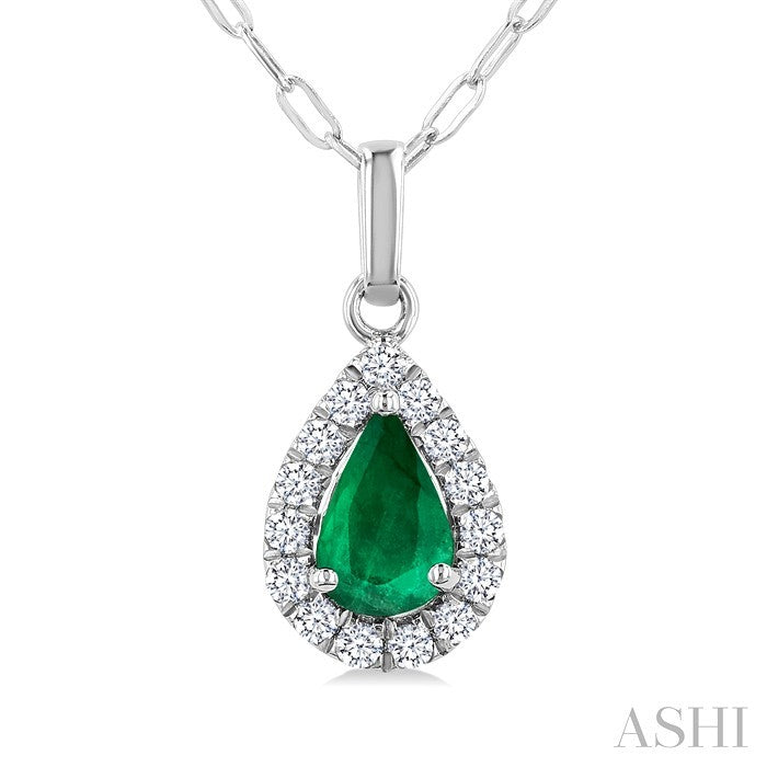 6x4 MM Pear Shape Emerald and 1/6 Ctw Round Cut Diamond Halo Precious Pendant with Chain in 14K White Gold