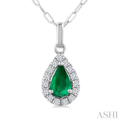 6x4 MM Pear Shape Emerald and 1/6 Ctw Round Cut Diamond Halo Precious Pendant with Chain in 14K White Gold
