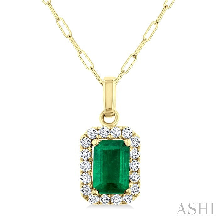 6x4 MM Octagonal Shape Emerald and 1/6 Ctw Round Cut Diamond Halo Precious Pendant with Chain in 14K Yellow Gold