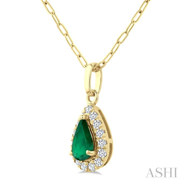6x4 MM Pear Shape Emerald and 1/6 Ctw Round Cut Diamond Halo Precious Pendant with Chain in 14K Yellow Gold