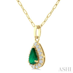 6x4 MM Pear Shape Emerald and 1/6 Ctw Round Cut Diamond Halo Precious Pendant with Chain in 14K Yellow Gold