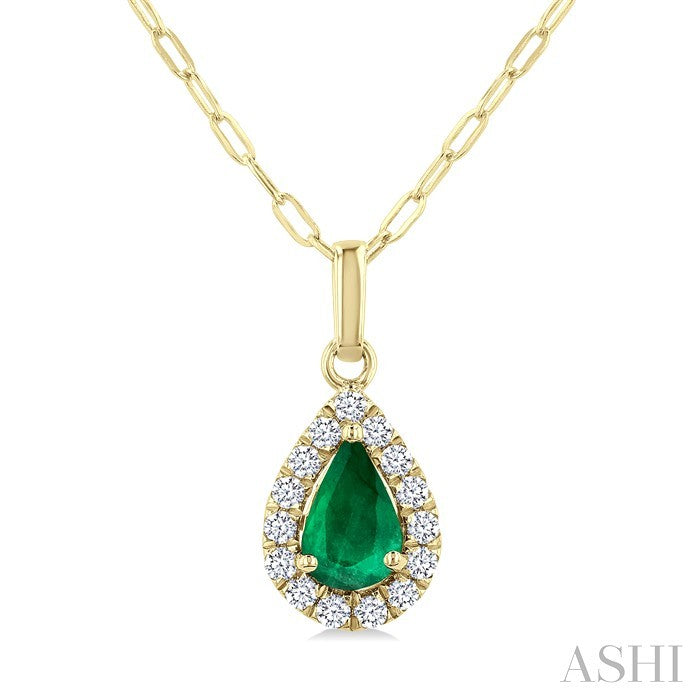 6x4 MM Pear Shape Emerald and 1/6 Ctw Round Cut Diamond Halo Precious Pendant with Chain in 14K Yellow Gold