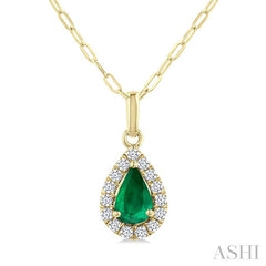 6x4 MM Pear Shape Emerald and 1/6 Ctw Round Cut Diamond Halo Precious Pendant with Chain in 14K Yellow Gold