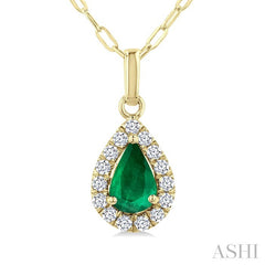 6x4 MM Pear Shape Emerald and 1/6 Ctw Round Cut Diamond Halo Precious Pendant with Chain in 14K Yellow Gold