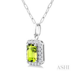6x4 MM Octagonal Shape Peridot and 1/6 Ctw Round Cut Diamond Halo Semi-Precious Pendant with Chain in 14K White Gold