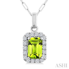 6x4 MM Octagonal Shape Peridot and 1/6 Ctw Round Cut Diamond Halo Semi-Precious Pendant with Chain in 14K White Gold