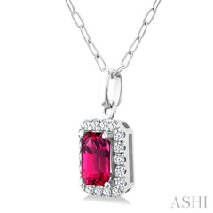 6x4 MM Octagonal Shape Pink Tourmaline and 1/6 Ctw Round Cut Diamond Halo Semi-Precious Pendant with Chain in 14K White Gold