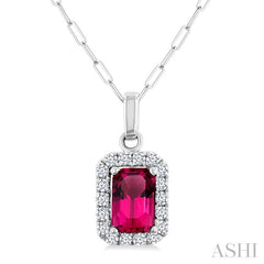 6x4 MM Octagonal Shape Pink Tourmaline and 1/6 Ctw Round Cut Diamond Halo Semi-Precious Pendant with Chain in 14K White Gold