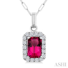 6x4 MM Octagonal Shape Pink Tourmaline and 1/6 Ctw Round Cut Diamond Halo Semi-Precious Pendant with Chain in 14K White Gold