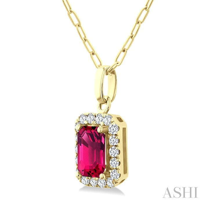 6x4 MM Octagonal Shape Pink Tourmaline and 1/6 Ctw Round Cut Diamond Halo Semi-Precious Pendant with Chain in 14K Yellow Gold