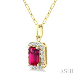 6x4 MM Octagonal Shape Pink Tourmaline and 1/6 Ctw Round Cut Diamond Halo Semi-Precious Pendant with Chain in 14K Yellow Gold