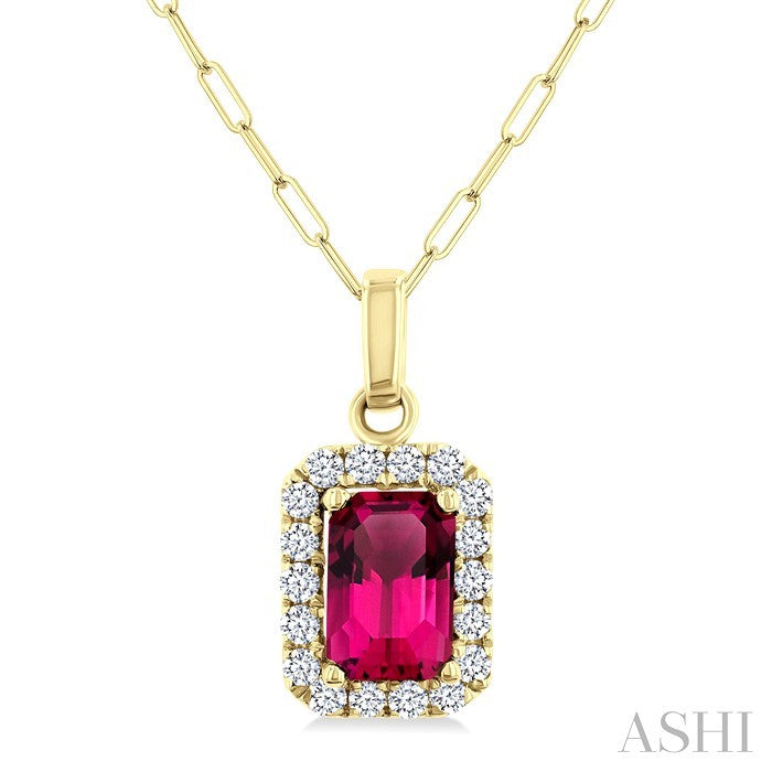 6x4 MM Octagonal Shape Pink Tourmaline and 1/6 Ctw Round Cut Diamond Halo Semi-Precious Pendant with Chain in 14K Yellow Gold