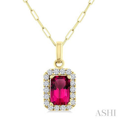 6x4 MM Octagonal Shape Pink Tourmaline and 1/6 Ctw Round Cut Diamond Halo Semi-Precious Pendant with Chain in 14K Yellow Gold