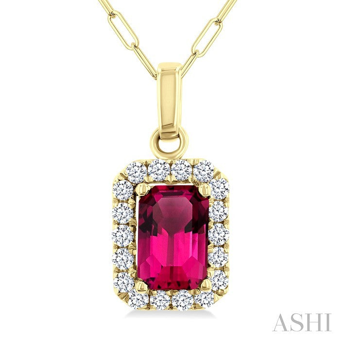 6x4 MM Octagonal Shape Pink Tourmaline and 1/6 Ctw Round Cut Diamond Halo Semi-Precious Pendant with Chain in 14K Yellow Gold