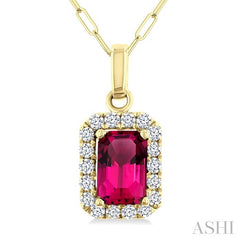 6x4 MM Octagonal Shape Pink Tourmaline and 1/6 Ctw Round Cut Diamond Halo Semi-Precious Pendant with Chain in 14K Yellow Gold