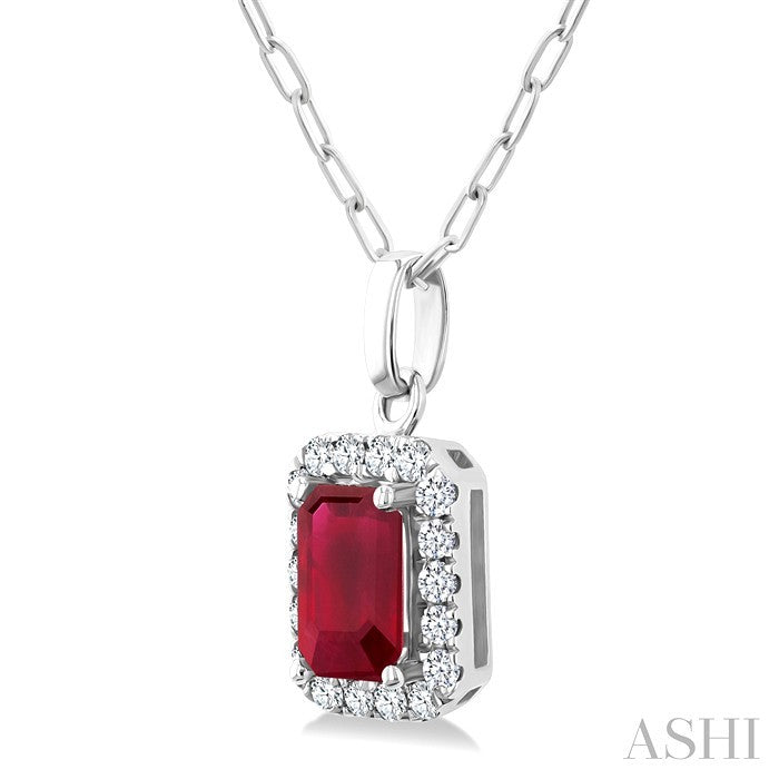 6x4 MM Octagonal Shape Ruby and 1/6 Ctw Round Cut Diamond Halo Precious Pendant with Chain in 14K White Gold
