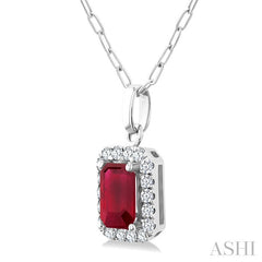 6x4 MM Octagonal Shape Ruby and 1/6 Ctw Round Cut Diamond Halo Precious Pendant with Chain in 14K White Gold