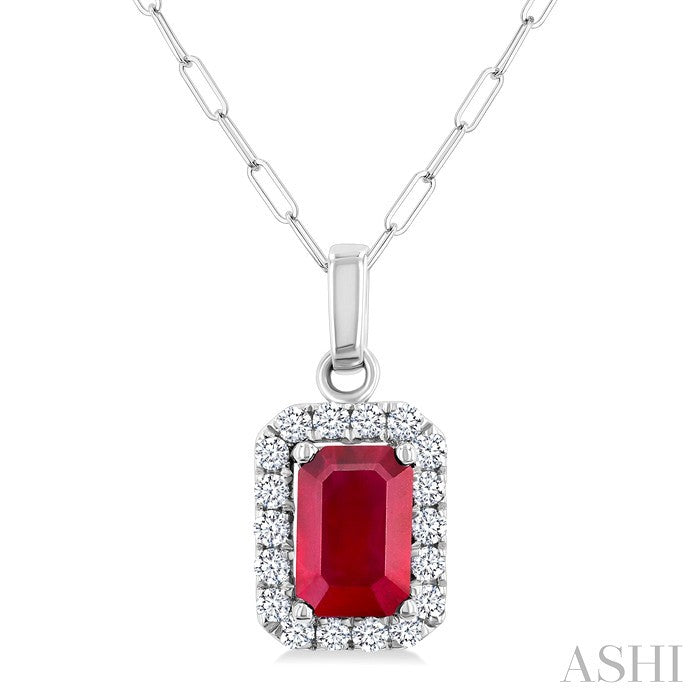 6x4 MM Octagonal Shape Ruby and 1/6 Ctw Round Cut Diamond Halo Precious Pendant with Chain in 14K White Gold