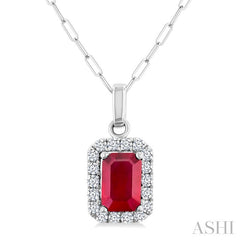 6x4 MM Octagonal Shape Ruby and 1/6 Ctw Round Cut Diamond Halo Precious Pendant with Chain in 14K White Gold