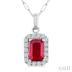 6x4 MM Octagonal Shape Ruby and 1/6 Ctw Round Cut Diamond Halo Precious Pendant with Chain in 14K White Gold