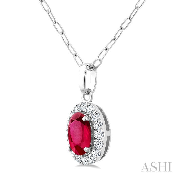 6x4 MM Oval Shape Ruby and 1/6 Ctw Round Cut Diamond Halo Precious Pendant with Chain in 14K White Gold