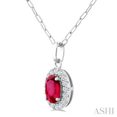 6x4 MM Oval Shape Ruby and 1/6 Ctw Round Cut Diamond Halo Precious Pendant with Chain in 14K White Gold