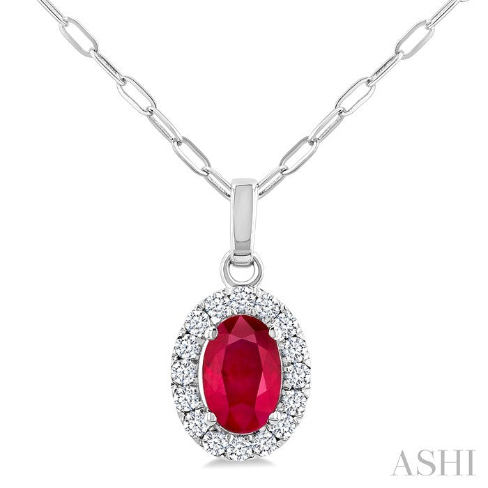 6x4 MM Oval Shape Ruby and 1/6 Ctw Round Cut Diamond Halo Precious Pendant with Chain in 14K White Gold