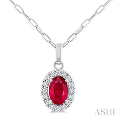 6x4 MM Oval Shape Ruby and 1/6 Ctw Round Cut Diamond Halo Precious Pendant with Chain in 14K White Gold
