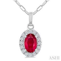 6x4 MM Oval Shape Ruby and 1/6 Ctw Round Cut Diamond Halo Precious Pendant with Chain in 14K White Gold